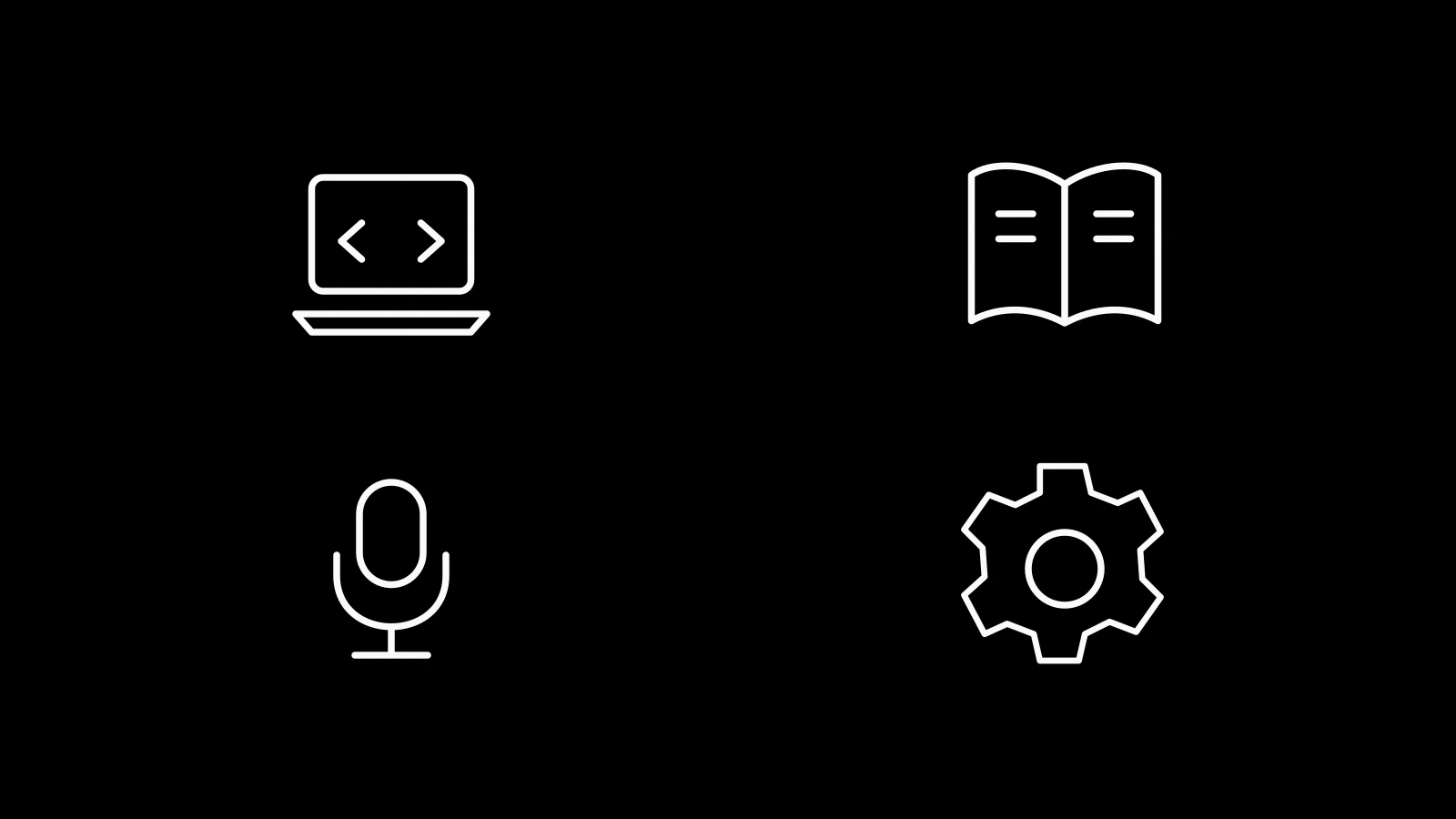 Four symbols representing coding, reading, presentations, and making